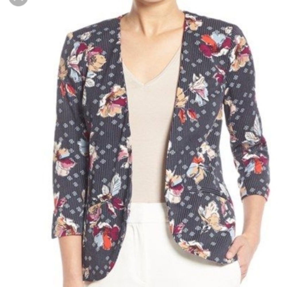 CHELSEA28 Blue Pin Stripe Floral Ruched Blazer Sm